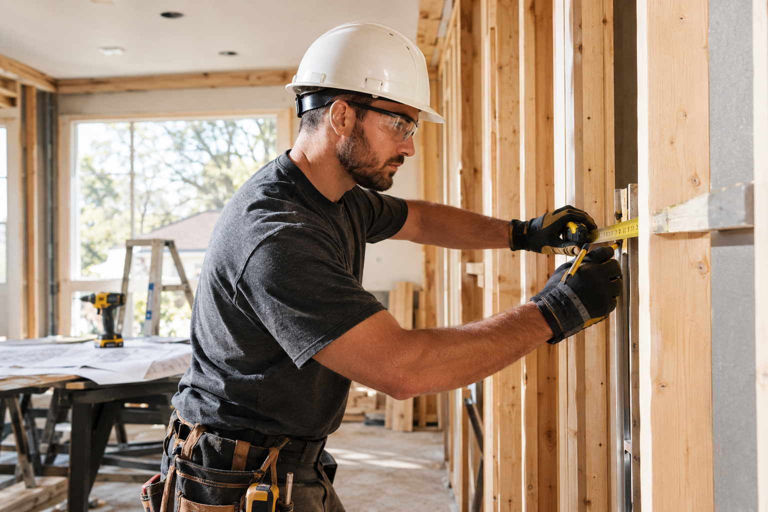 Builder measuring wall framing during a home construction project