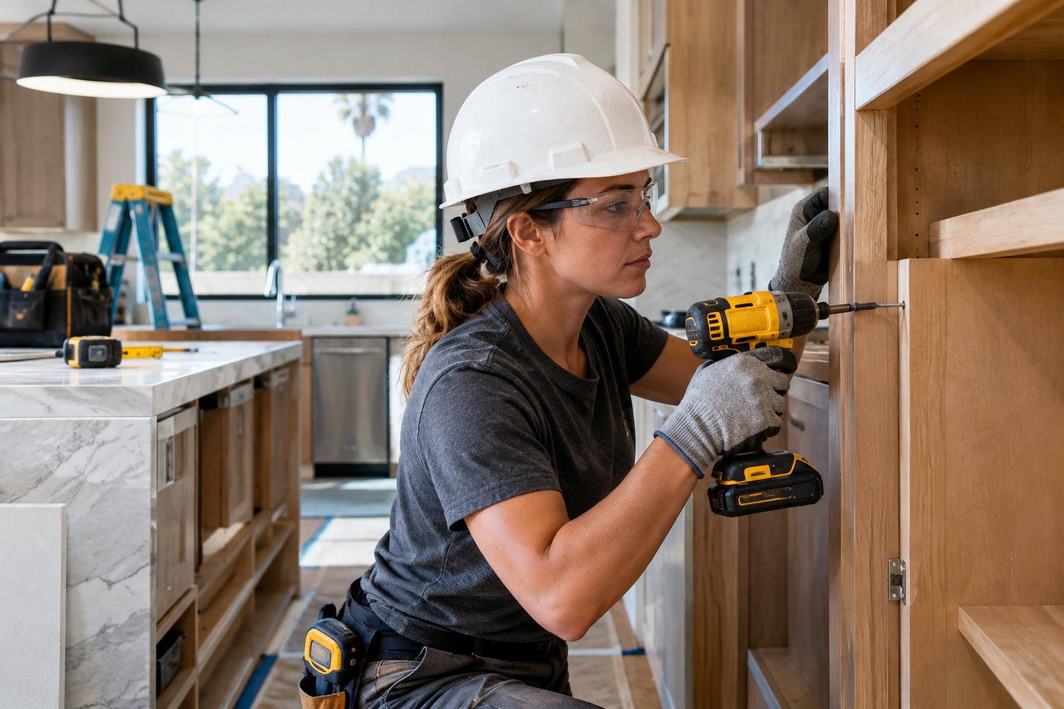 Builder installing cabinetry during a kitchen remodel