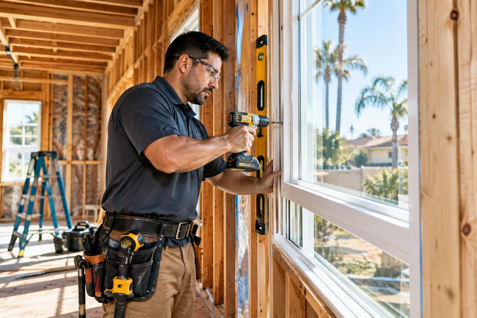Construction worker installing a window in a framed home